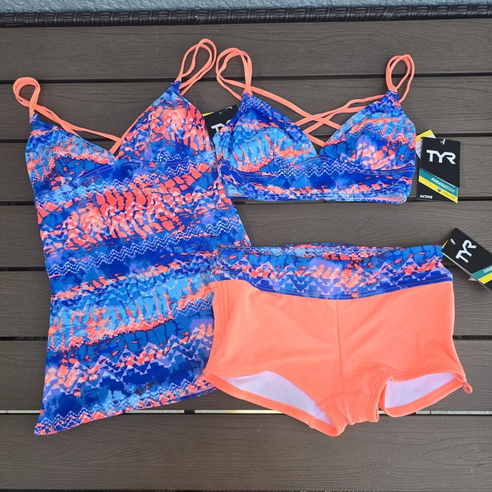 TYR Womens Coral Emerald Lake Brooke Bralet & Tank  & Boyshort Set  Size XS NEW